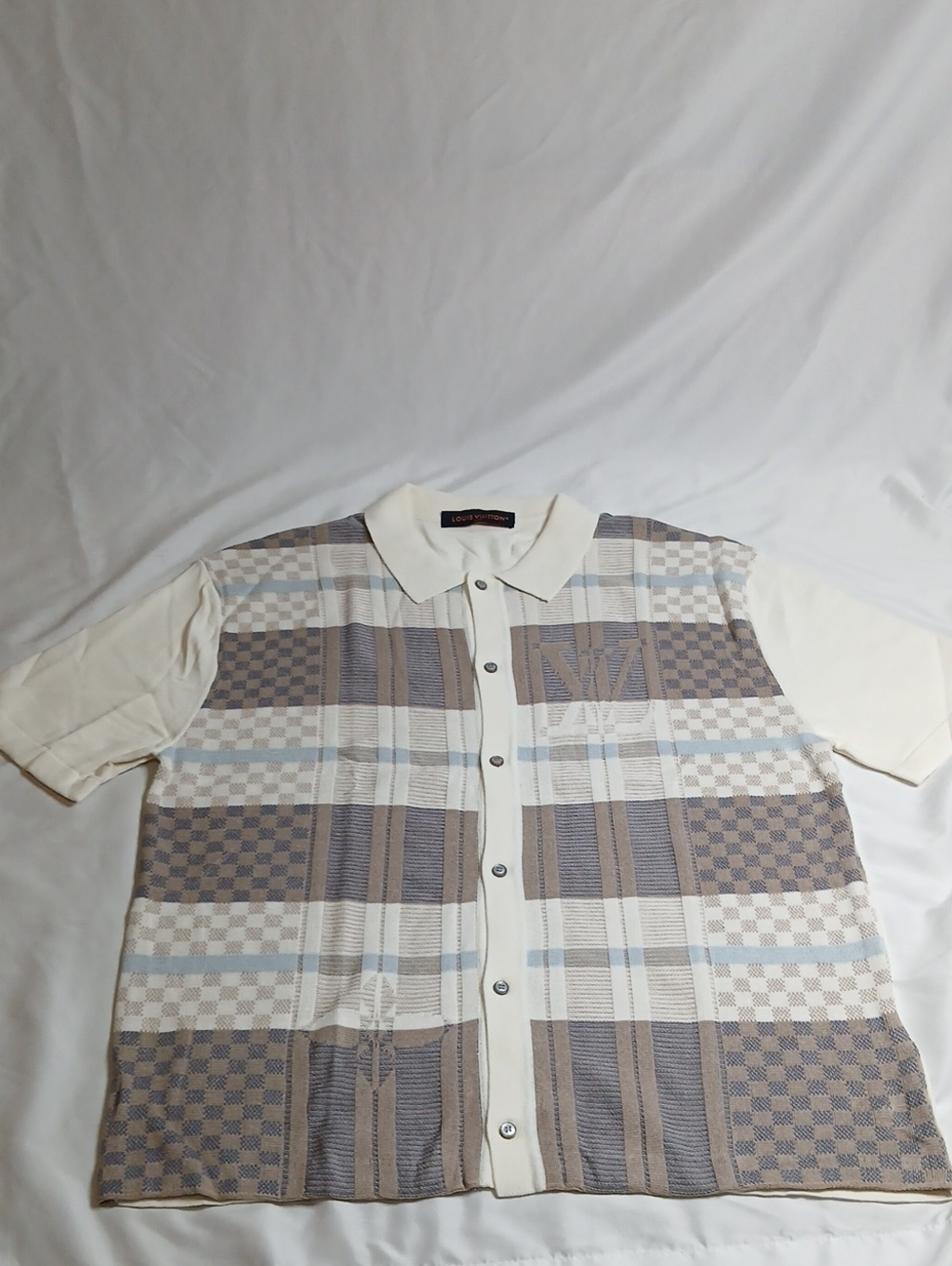 Louis Vuitton Cream, Brown and Light Blue Plaid Short Sleeve Polo